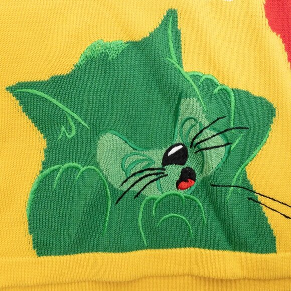 Vintage Iceberg Cat Sweater Yellow Knit Jumper Italy Cartoon Graphic Rave Party - Picture 5 of 12